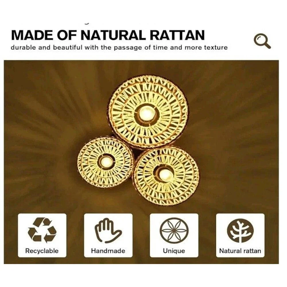 3 Light Rattan Pendant Lights Boho Hand Woven Rattan Chandelier Coastal Lighting